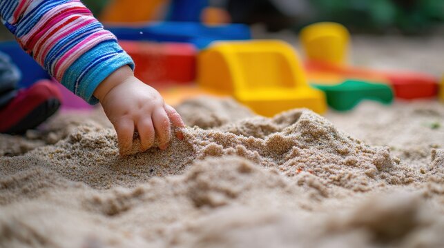 Children's sand houses in sandbox at playground, close-up