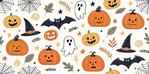 Naklejka premium Cute Halloween pattern with pumpkins, ghosts, and bats