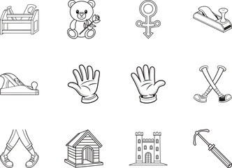 Black and white line art shows various line icons on a transparent background