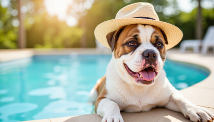 Naklejka na ściany i meble Happy dog wearing a hat relaxing by the pool in sunny weather, copy space 