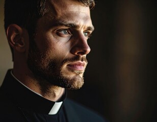 Obraz premium Contemplative young caucasian male priest in thoughtful portrait