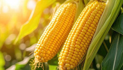 Sunlit ripe corn cobs on the plant in golden hour field