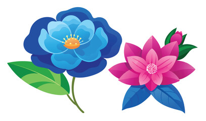 Fototapeta premium Vibrant blue and pink flowers with green leaves