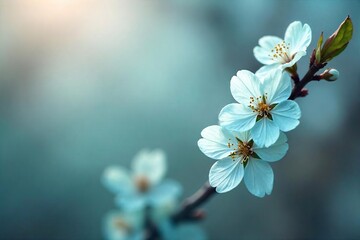 Vibrant teal colored spring blossoms on a blossoming branch, soft focus background, fresh, new growth, springtime freshness , vibrant, focus
