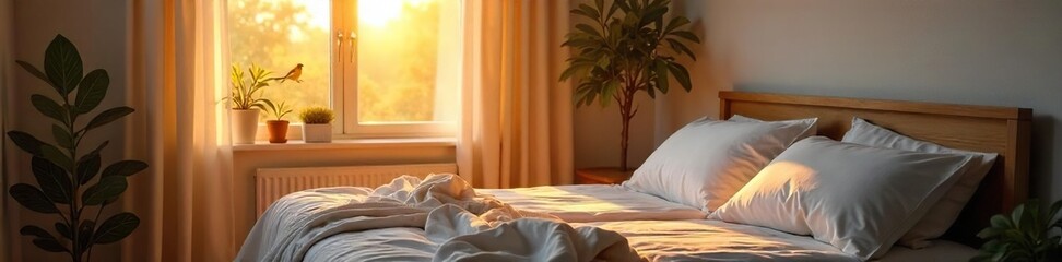 A gentle sunrise illuminates a bedroom, birds chirping outside an open window, sunlight streaming across a neatly made bed; a peaceful scene suggesting a natural awakening , birds, early morning