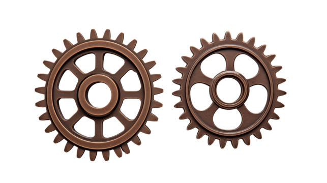Two brown metal gears with cog teeth and circular center holes isolated on a black background
