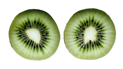 Fototapeta premium Fresh green kiwi fruit, whole and halved, cut out transparent