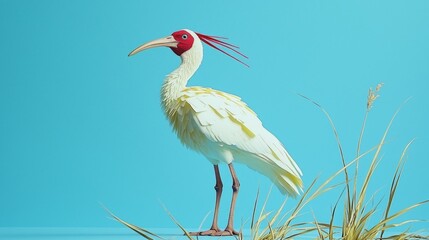 Obraz premium Elegant White Bird with Red Accent on Vibrant Blue Background and Grass Detail