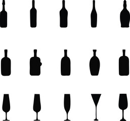 Silhouette Wine and Cocktail Glasses & Bottles Icon Set