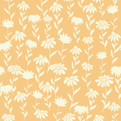 Bicolor contour silhouette seamless pattern with poppy flowers and leaves. Abstract floral spring, summer pastel pattern