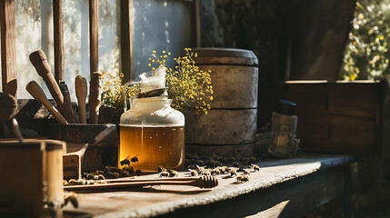 Vintage Honey Jar with Bees and Tools on a Sunlit Workbench