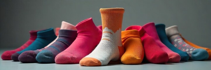 A single, mismatched sock sits alone amongst a pile of perfectly paired socks; a whimsical representation of individuality and the unusual , laundry, oddity, unique