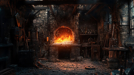 A vibrant blacksmith's forge with a roaring fire illuminating the rustic workshop