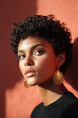 Young African American woman with short curly hair and large earrings poses against a textured orange wall, showcasing natural beauty and vibrant expression in warm sunlight