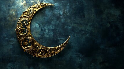 Ornate golden crescent moon on dark textured background