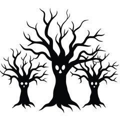 Fototapeta premium Spooky black tree silhouettes with faces for halloween or horror themed projects