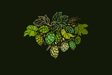 Hop cone, barley ear Vintage art craft beer symbol