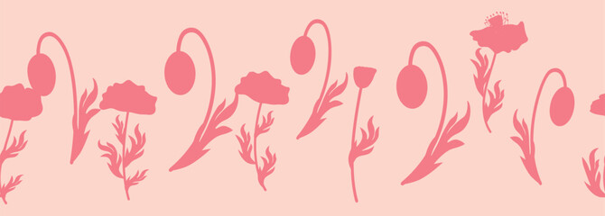 Decorative seamless vintage pattern in classic style with flowers and branches. Silhouettes of flowers, Two-color horizontal ornament in pastel colors, border