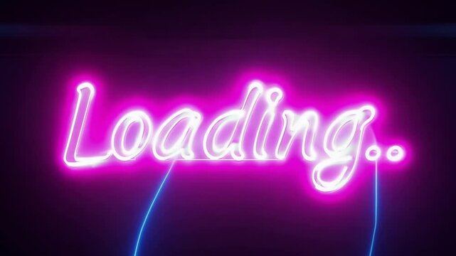 Loading text in glowing pink font on black background used in animation or digital media transition visuals with neon style