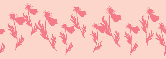 Decorative seamless vintage pattern in classic style with flowers and branches. Silhouettes of flowers, Two-color horizontal ornament in pastel colors, border