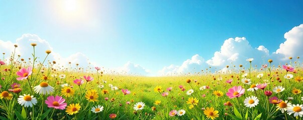 A vibrant, expansive meadow bursting with wildflowers in full bloom under a bright summer sky Perfect for nature, environmental, and springtime themes , purple, vegetation