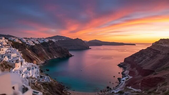 Stunning sunset over the caldera of Santorini, with white buildings and tranquil waters below