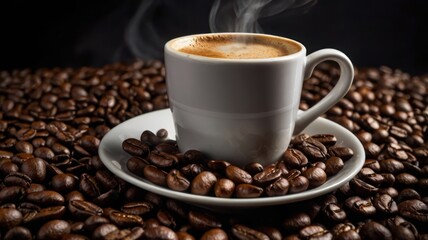 Obraz premium Aromatic brown coffee in a cup with scattered beans, a hot morning beverage