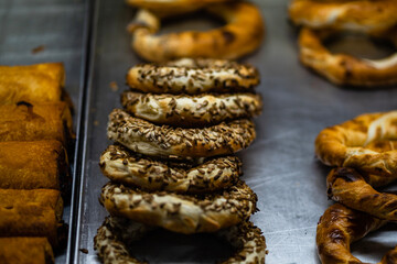 Freshly baked pastries in a street vendor display