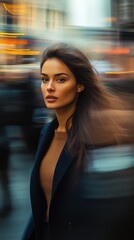 Fototapeta premium Portrait of a woman in motion amidst a busy urban street during twilight, with city lights blurring in the background, capturing a moment of thoughtfulness