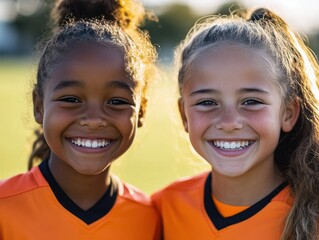 Two young girls smiling together while wearing matching orange soccer jerseys during a sunny day at a local sports field, celebrating friendship and teamwork after practice