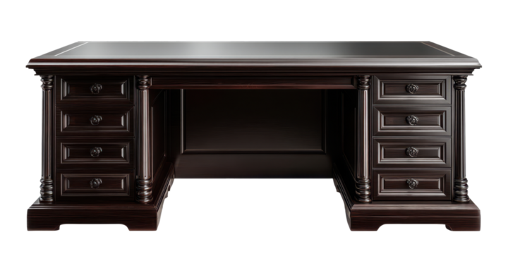big heavy wooden office table front view isolated on white or transparent png