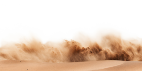 sandstorm in desert with sand dunes and sky isolated on white or transparent png