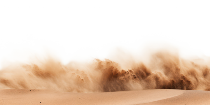 sandstorm in desert with sand dunes and sky isolated on white or transparent png