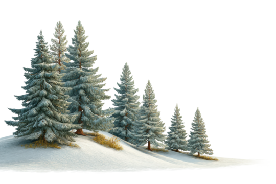 PNG Snow-covered pine trees on a winter slope in serene forest scene