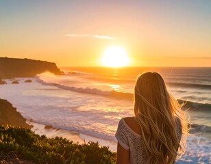 Woman watches sunset over ocean