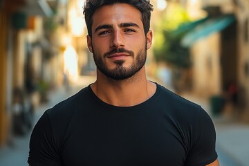 Fototapeta premium Young man with a beard standing in a narrow street in a vintage neighborhood during the golden hour of the late afternoon