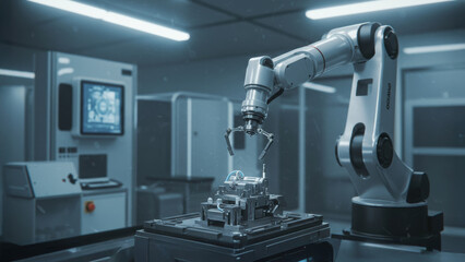 Fototapeta premium A robotic welding unit joins motorcar engine parts with flawless accuracy. The blurred, futuristic blue backdrop evokes a new era of humanless production and intelligent robotics.