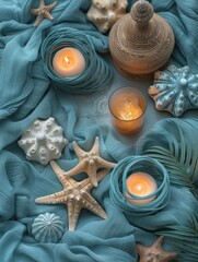 Obraz na płótnie Canvas dynamic flat lay of coastal decor with starfish and lanterns, textured linen surface, minimalist style, bright natural light, pastel blue and beige tones, top-down view