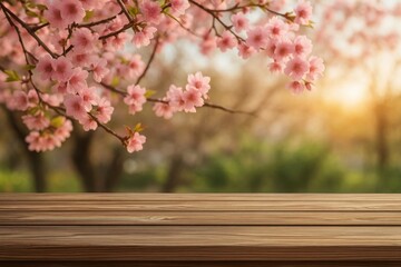 桜の花と木製のテーブルトップの背景