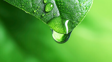 Macro close up of water droplet hanging from green leaf illustrating freshness hydration and environmental natural beauty photography for wellness and eco content