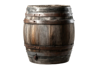 Fototapeta premium PNG Vintage wooden barrel with iron hoops isolated on black background
