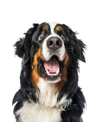 Cute Bernese Mountain Dog and Australian Shepherd puppies sitting on a white background, purebred domestic canines looking at the camera