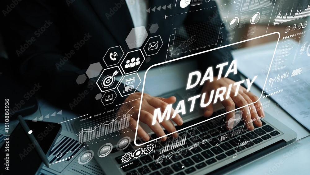 Poster business professional analyzing data maturity metrics with digital graphs on laptop in modern office