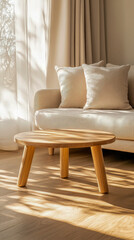 Sunlit wooden floor interior casting warm shadows across living space highlighting minimal decor natural lighting ideal for architecture and real estate marketing content