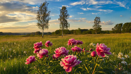 Fototapeta premium Pink peonies in a summer meadow