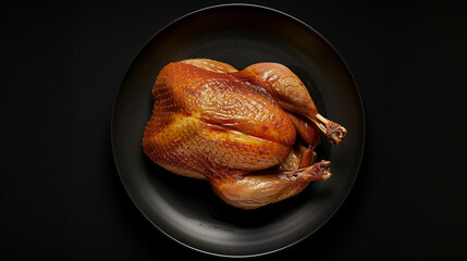 top view Roast turkey in a black plate on black background, no additional elements, minimal style