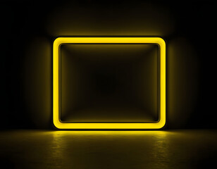 neon yellow square frame  with free space between and with rounded edges dimly glowing with light on dark background, copy space, empty yellow neon frame on black background