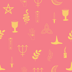 Silhouettes Magic symbols seamless pattern, with magical elements such as snake, eye, tarot cards, hand, skull, potion, moon, butterfly, mushrooms, stars. Witchcraft theme symbols and elements.