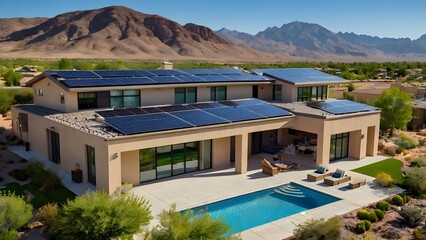 Fototapeta premium Eco-Friendly Suburban Home with Solar Panels, Swimming Pool, and Lush Landscaping Under Clear Blue Sky, ideal for real estate, renewable energy, or lifestyle content for sustainable living