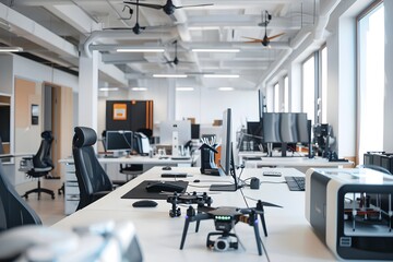 Modern office setup featuring drone technology workspace interior design corporate environment wide-angle view professional concept